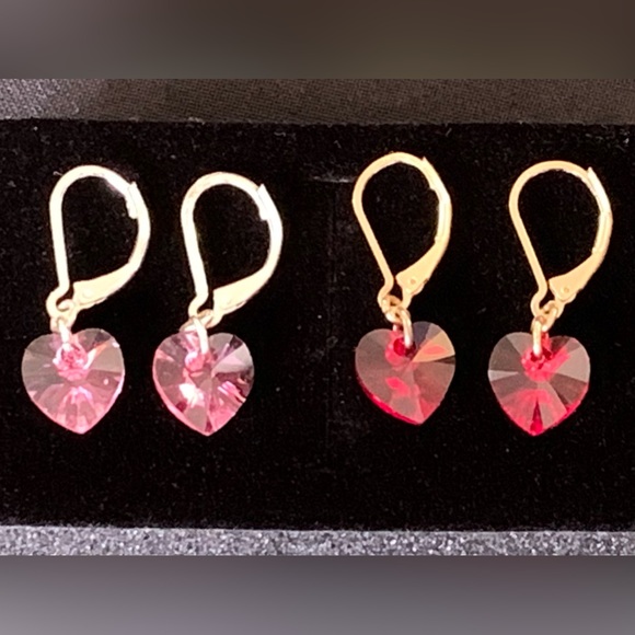 Set of two heart-shaped lever back earrings red and pink crystal - Picture 1 of 8
